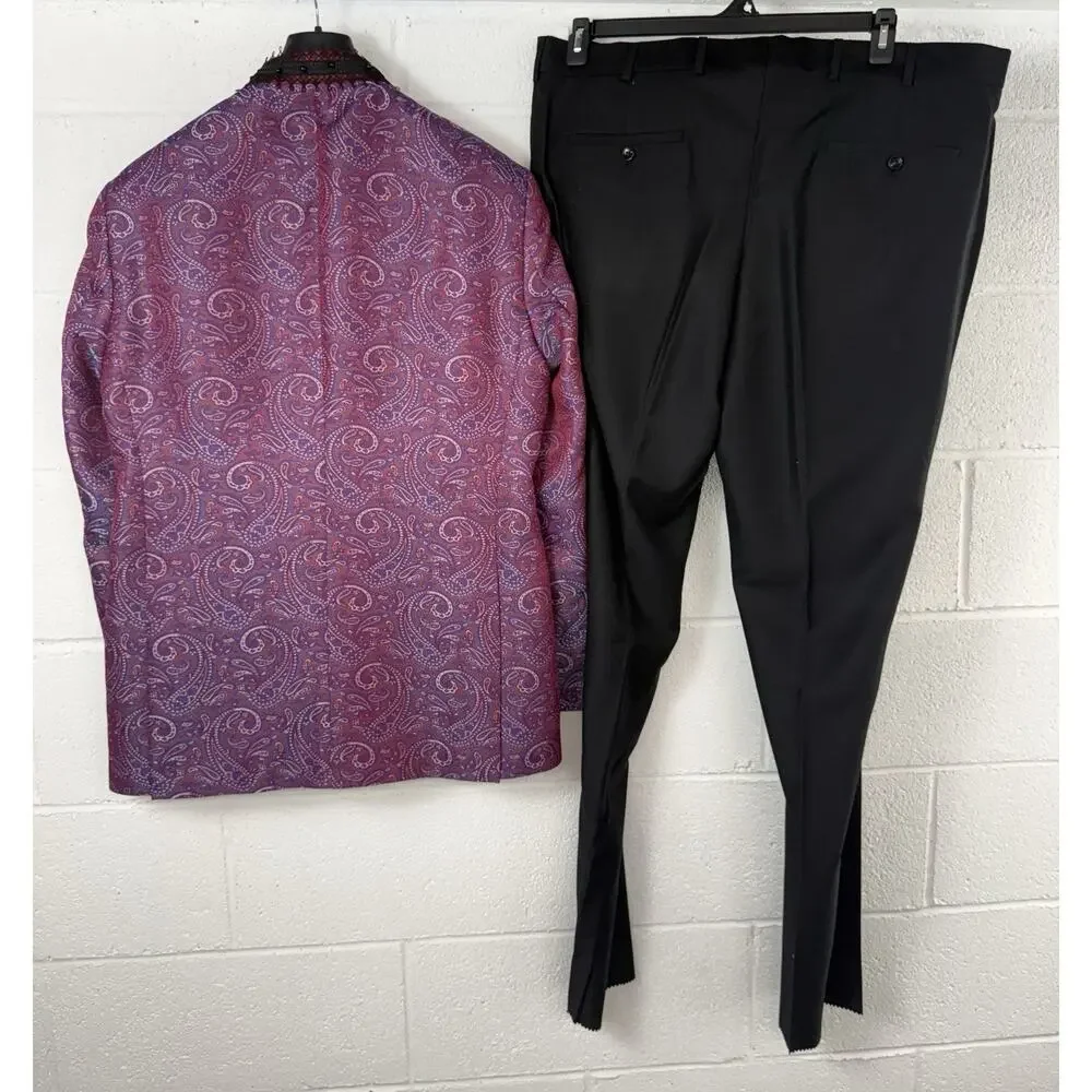 Pietro Scarlatti Mens Mandarin Suit Blazer Pants Paisley Red Blue US 46 EU 56 T8